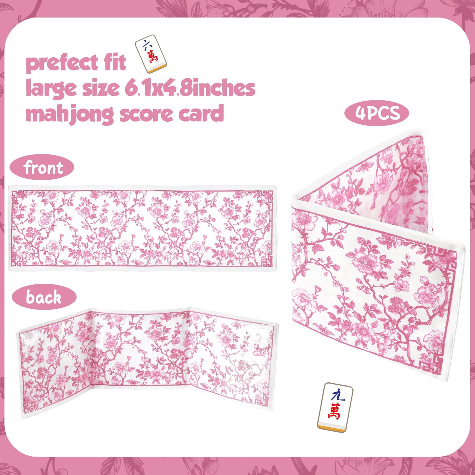 Sonwyoung 4 Pack Chinoiserie Mahjong Card Holders – Pink, Large Size (Fits 6.12x4.75" Cards) – Soft Fabric Scorecard Protector Set
