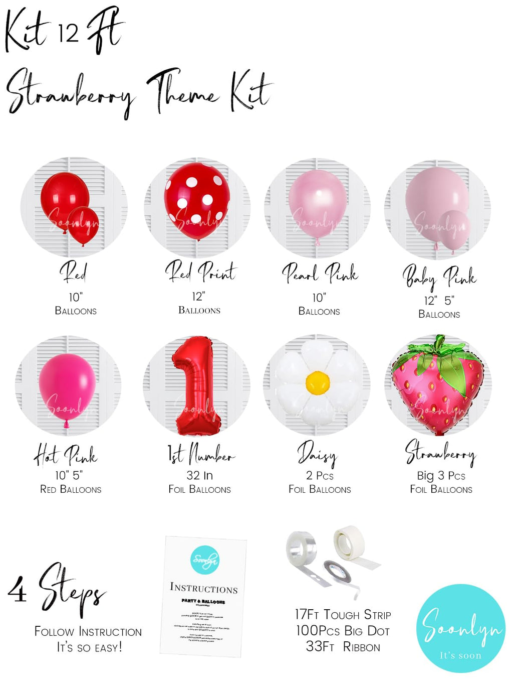 Soonlyn 127-Piece Strawberry Balloon Arch Kit for First Birthday Decorations – 12ft Garland with Foil Balloons
