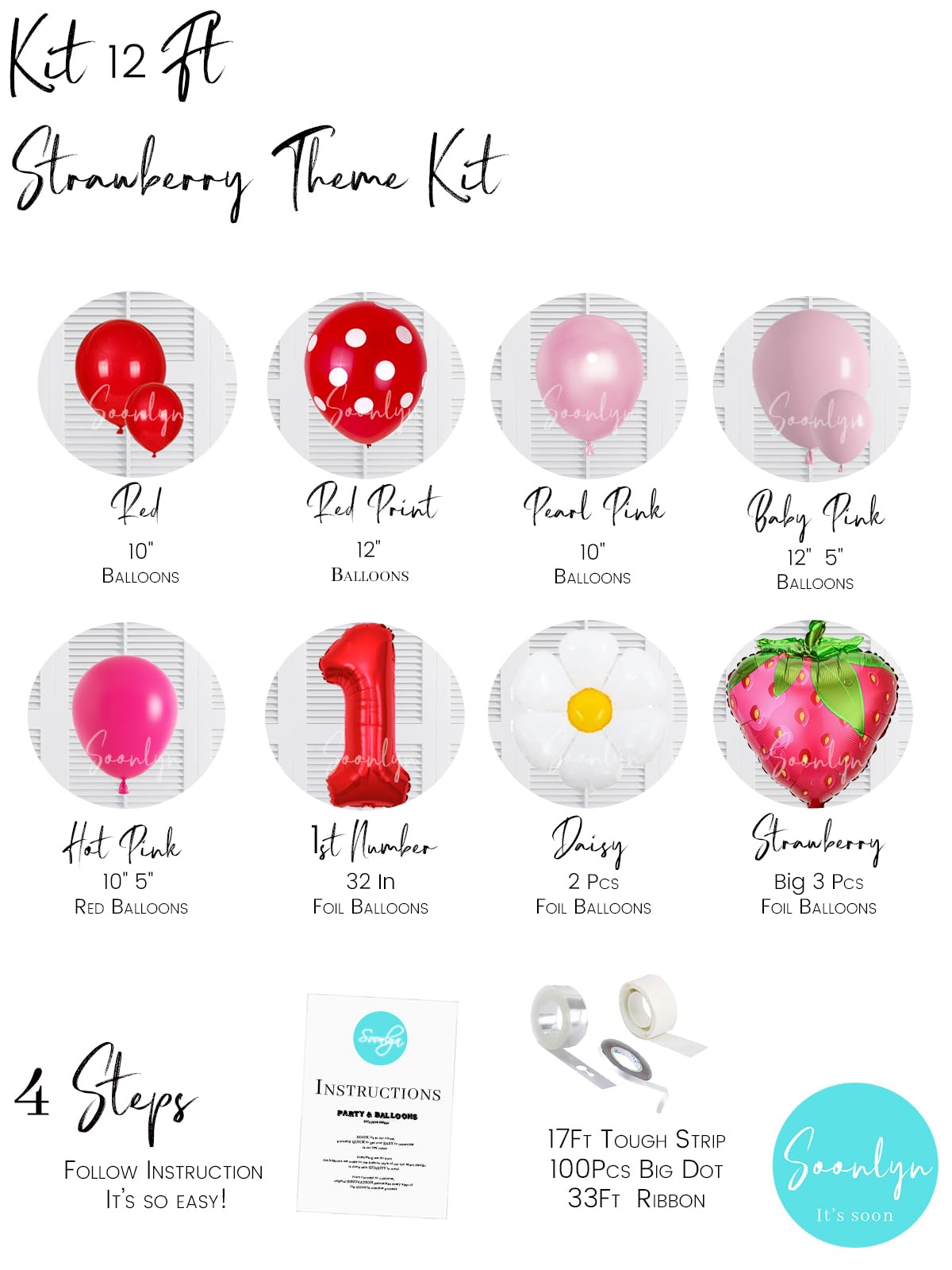 Soonlyn 127-Piece Strawberry Balloon Arch Kit for First Birthday Decorations – 12ft Garland with Foil Balloons