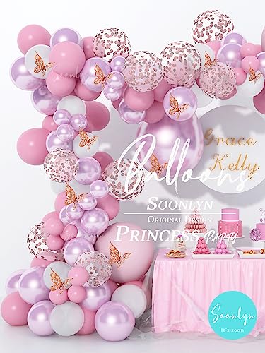 Soonlyn 13ft Butterfly Balloon Arch Kit - Pink Lilac Purple Rose Gold Confetti Balloons for Baby Shower Birthday