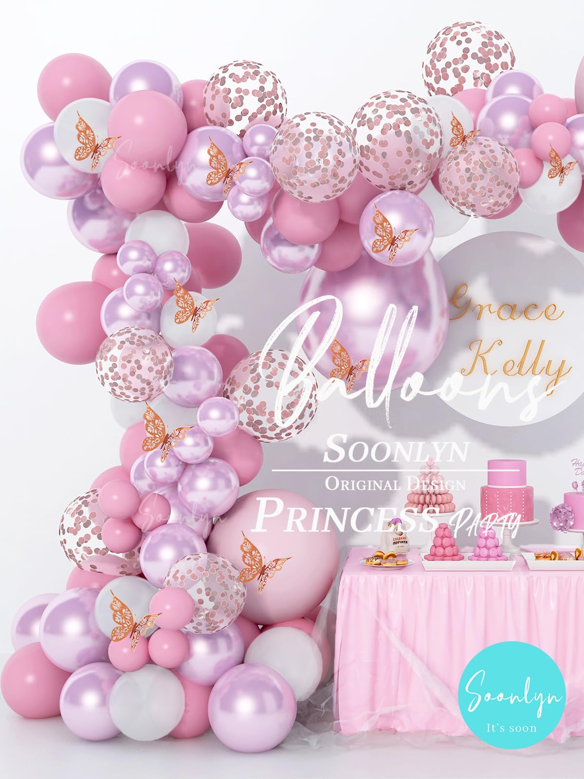Soonlyn 13ft Butterfly Balloon Arch Kit - Pink Lilac Purple Rose Gold Confetti Balloons for Baby Shower Birthday
