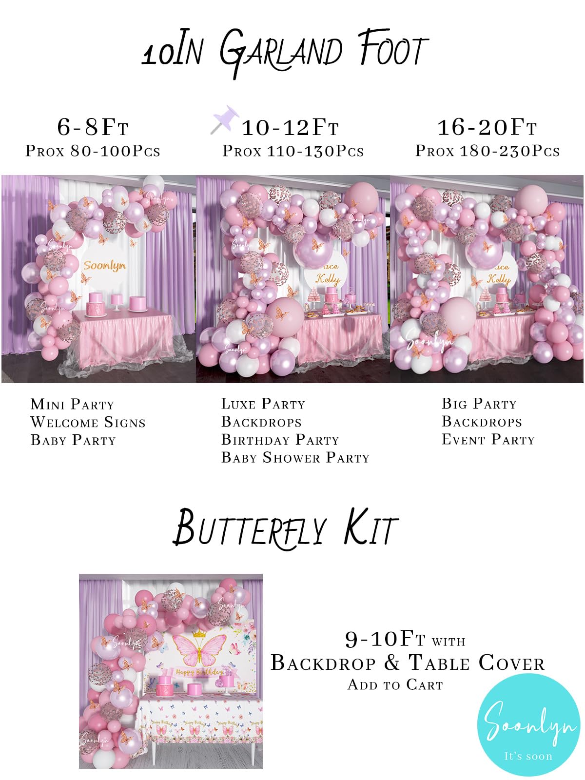 Soonlyn 13ft Butterfly Balloon Arch Kit - Pink Lilac Purple Rose Gold Confetti Balloons for Baby Shower Birthday