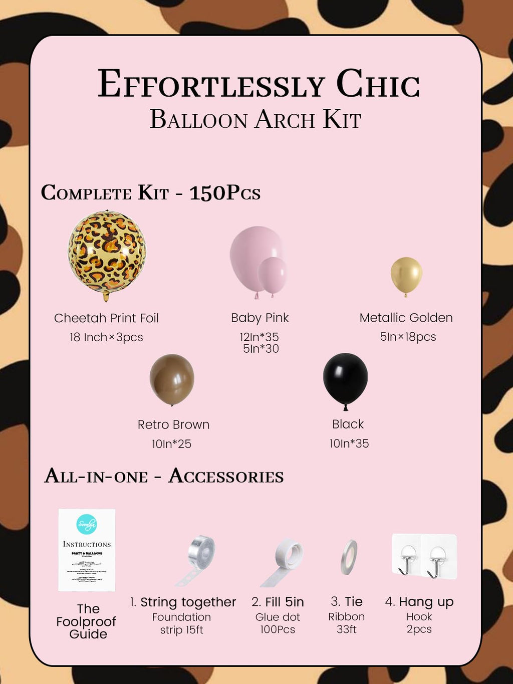 Soonlyn Cheetah Print Balloon Arch Kit – 150 Pcs Pink, Black & Brown Leopard Balloons for Y2K Birthday, Bachelorette & Party Decor
