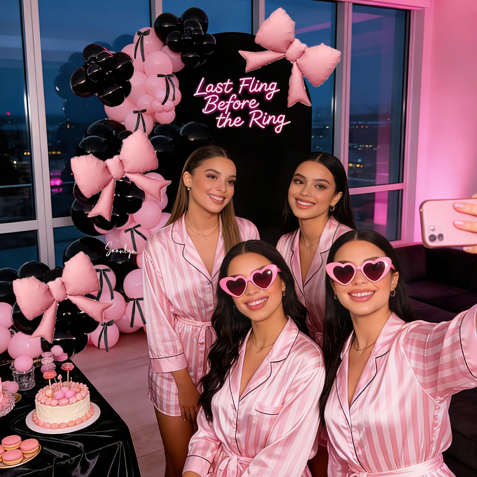 Soonlyn Pink Black Balloon Arch Kit 150pcs – Bows, Satin Ribbons, and Premium Latex for Birthdays & Bachelorettes