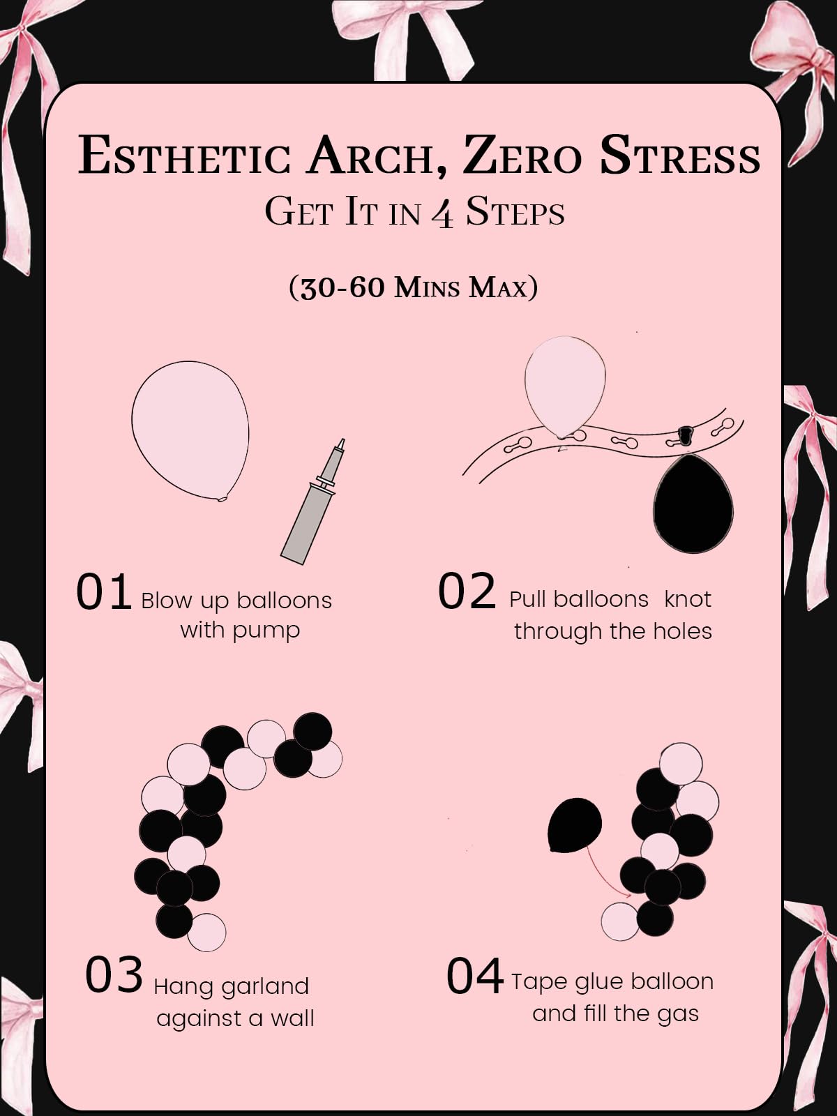 Soonlyn Pink Black Balloon Arch Kit 150pcs – Bows, Satin Ribbons, and Premium Latex for Birthdays & Bachelorettes