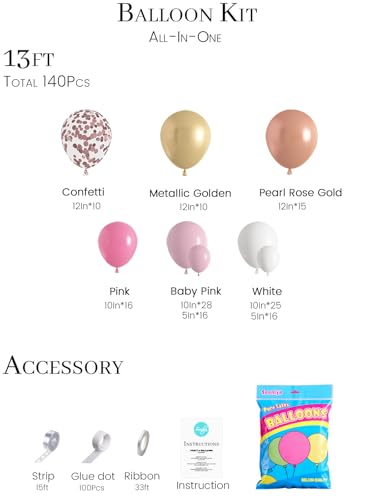 Soonlyn Rose Gold Balloon Kit – 125 Latex Balloons in Pink, Gold & White with Arch Accessories for Baby Showers & Bridal Showers