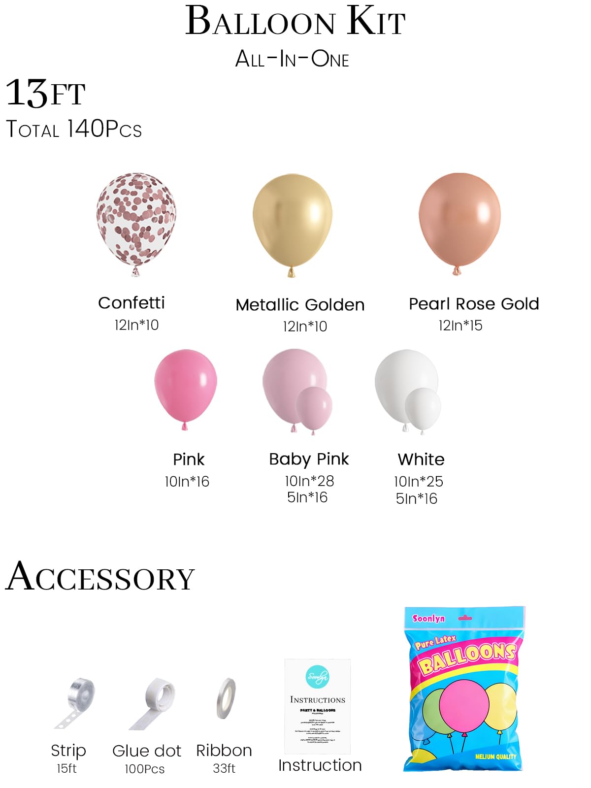 Soonlyn Rose Gold Balloon Kit – 125 Latex Balloons in Pink, Gold & White with Arch Accessories for Baby Showers & Bridal Showers