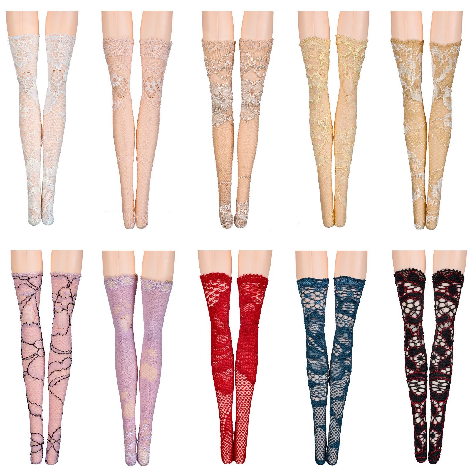 Sotiff 10 Pairs Handmade Doll Lace Stockings - Long Socks for 11.8-Inch Dolls, Classic Style Christmas Accessories for DIY Doll Clothes