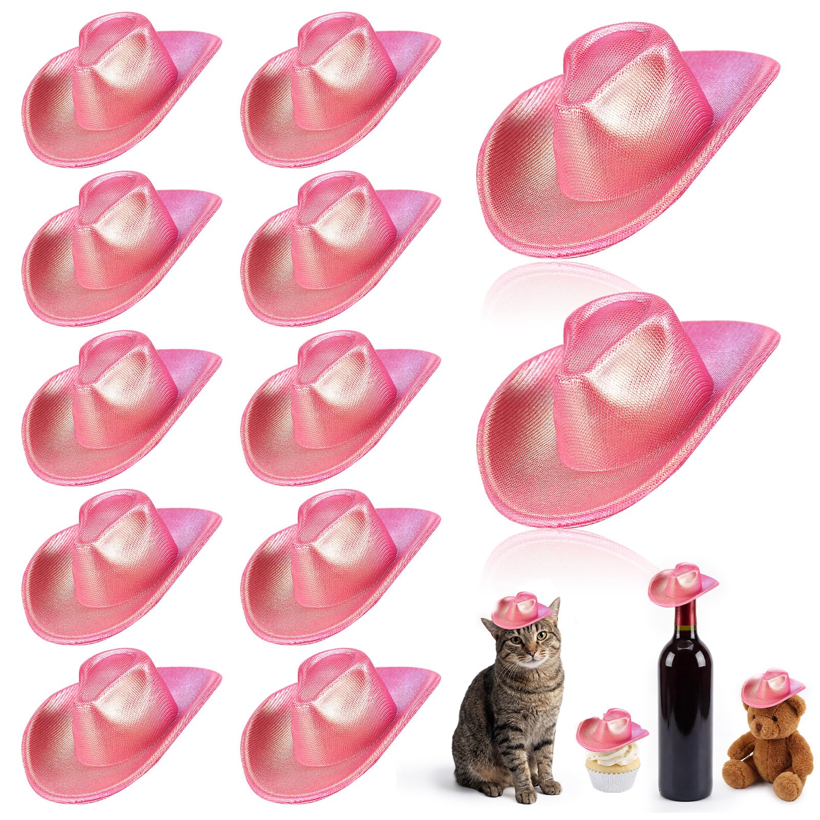 Sotiff Neon Pink Mini Cowboy Hats - 12 Pack Tiny Cowgirl Hats for Party Decor, Cupcake Toppers, Doll Accessories