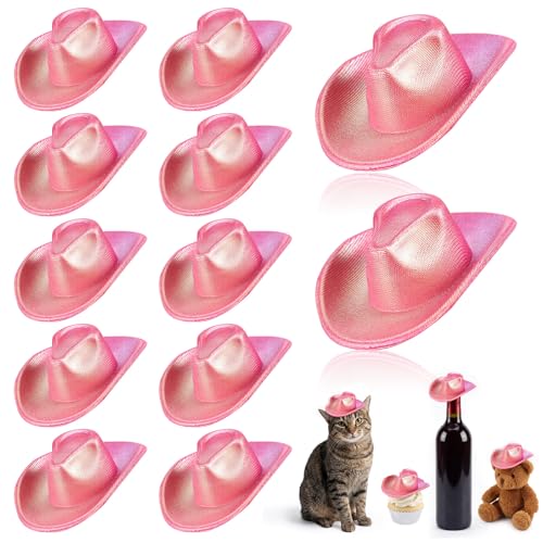 Sotiff Neon Pink Mini Cowboy Hats - 12 Pack Tiny Cowgirl Hats for Party Decor, Cupcake Toppers, Doll Accessories