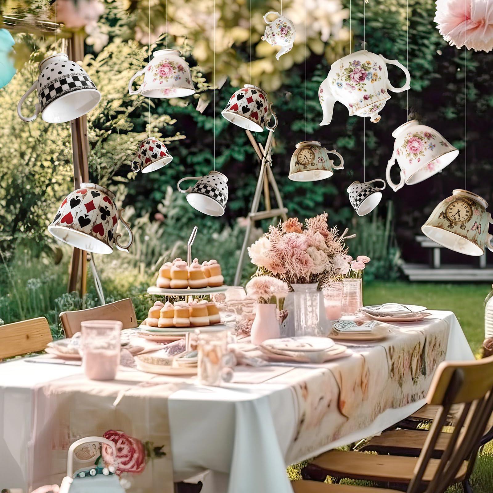 Soulchen 20-Piece Wonderland Teapot Hanging Decoration Set for Tea Party, Birthday, Baby Shower