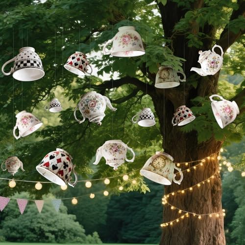 Soulchen 20-Piece Wonderland Teapot Hanging Decoration Set for Tea Party, Birthday, Baby Shower