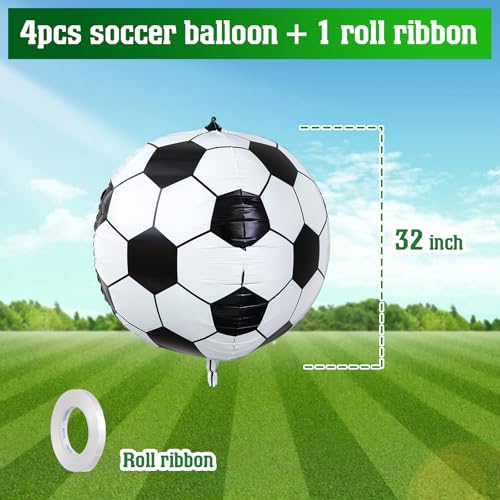 Soulchen 32 Inch 4D Soccer Ball Balloons – 4 Pack Large Metallic Foil Balloons for Sports Party Decorations