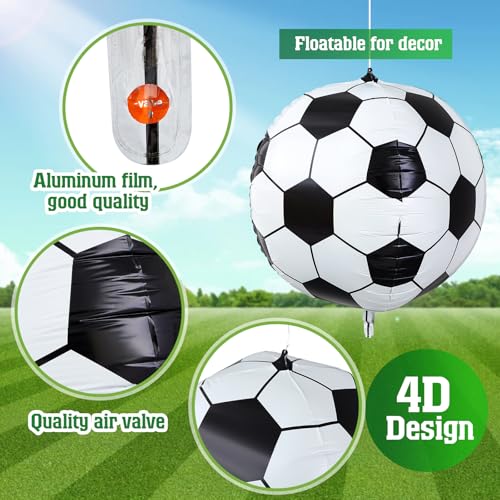 Soulchen 32 Inch 4D Soccer Ball Balloons – 4 Pack Large Metallic Foil Balloons for Sports Party Decorations