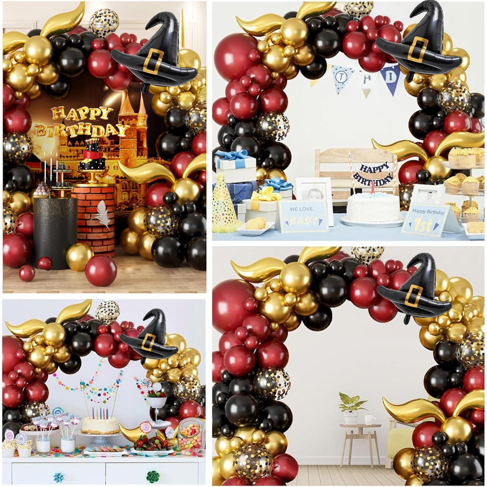 Sowide 113-Piece Balloon Garland Arch Kit – Burgundy Black Gold for Magical Wizard School Party