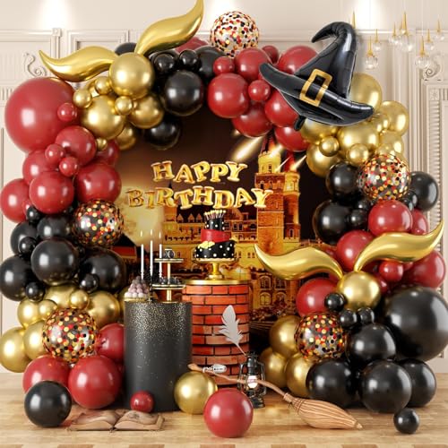 Sowide 113-Piece Balloon Garland Arch Kit – Burgundy Black Gold for Magical Wizard School Party