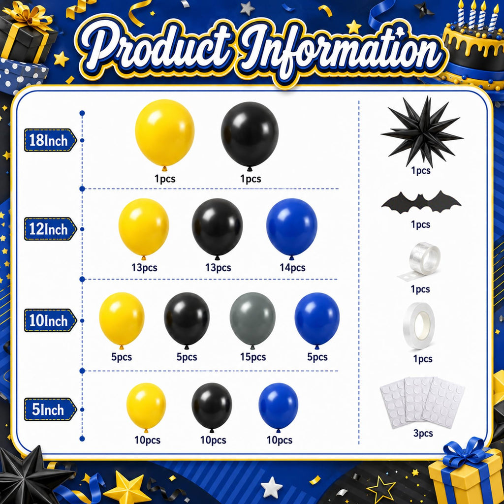Sowide Balloon Arch Kit – 102 Latex Balloons in Yellow, Black, Grey, Navy Blue with Star Foil and Stickers
