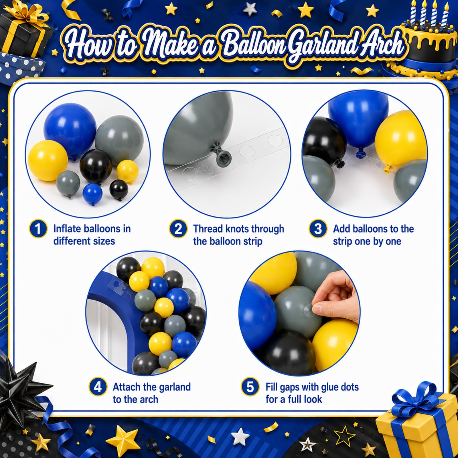 Sowide Balloon Arch Kit – 102 Latex Balloons in Yellow, Black, Grey, Navy Blue with Star Foil and Stickers