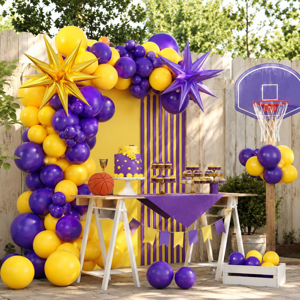 Sowide Purple and Yellow Balloon Arch Kit – 100 Balloons for Basketball Sport Themes
