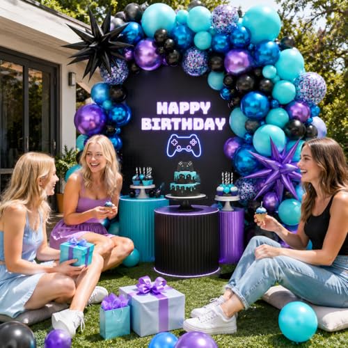 Sowide Teal Purple Black Balloon Arch Kit 107ct with Star Foil Balloons for Party Decor