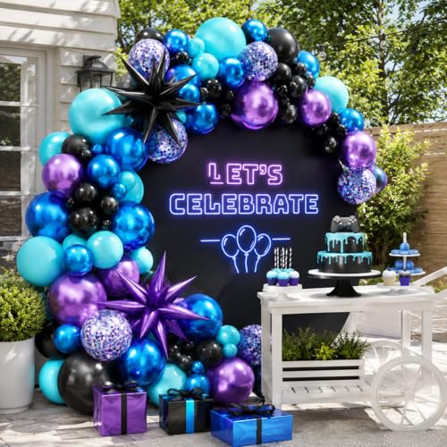 Sowide Teal Purple Black Balloon Arch Kit 107ct with Star Foil Balloons for Party Decor