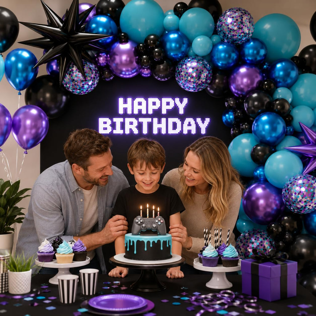 Sowide Teal Purple Black Balloon Arch Kit 107ct with Star Foil Balloons for Party Decor