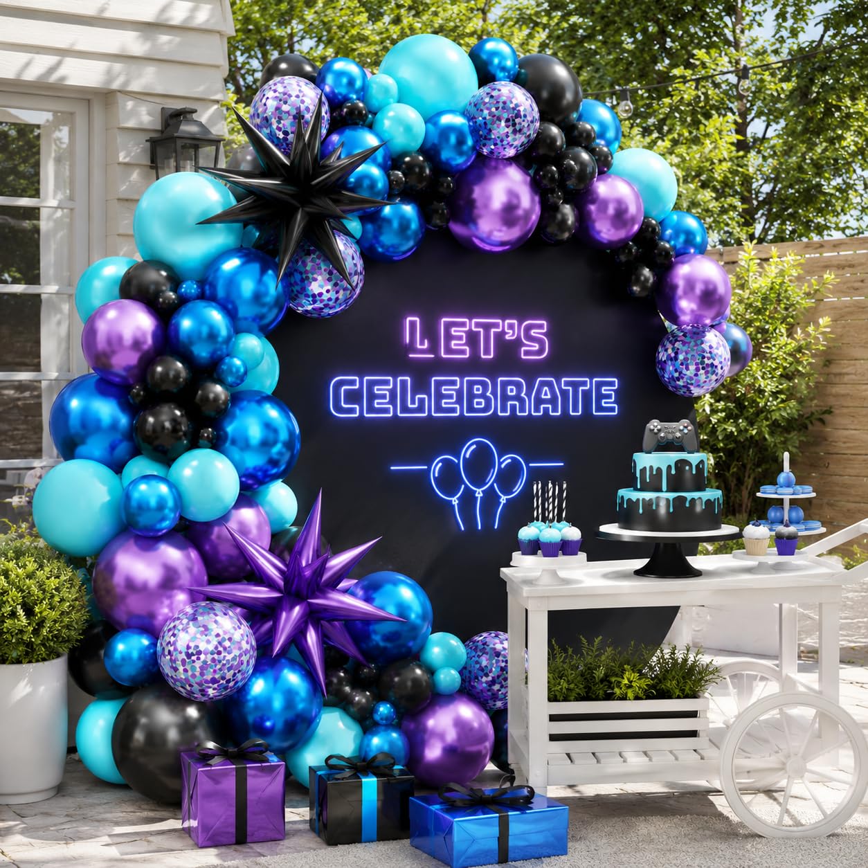 Sowide Teal Purple Black Balloon Arch Kit 107ct with Star Foil Balloons for Party Decor