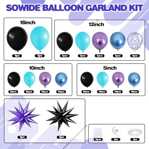 Sowide Teal Purple Black Balloon Arch Kit 107ct with Star Foil Balloons for Party Decor