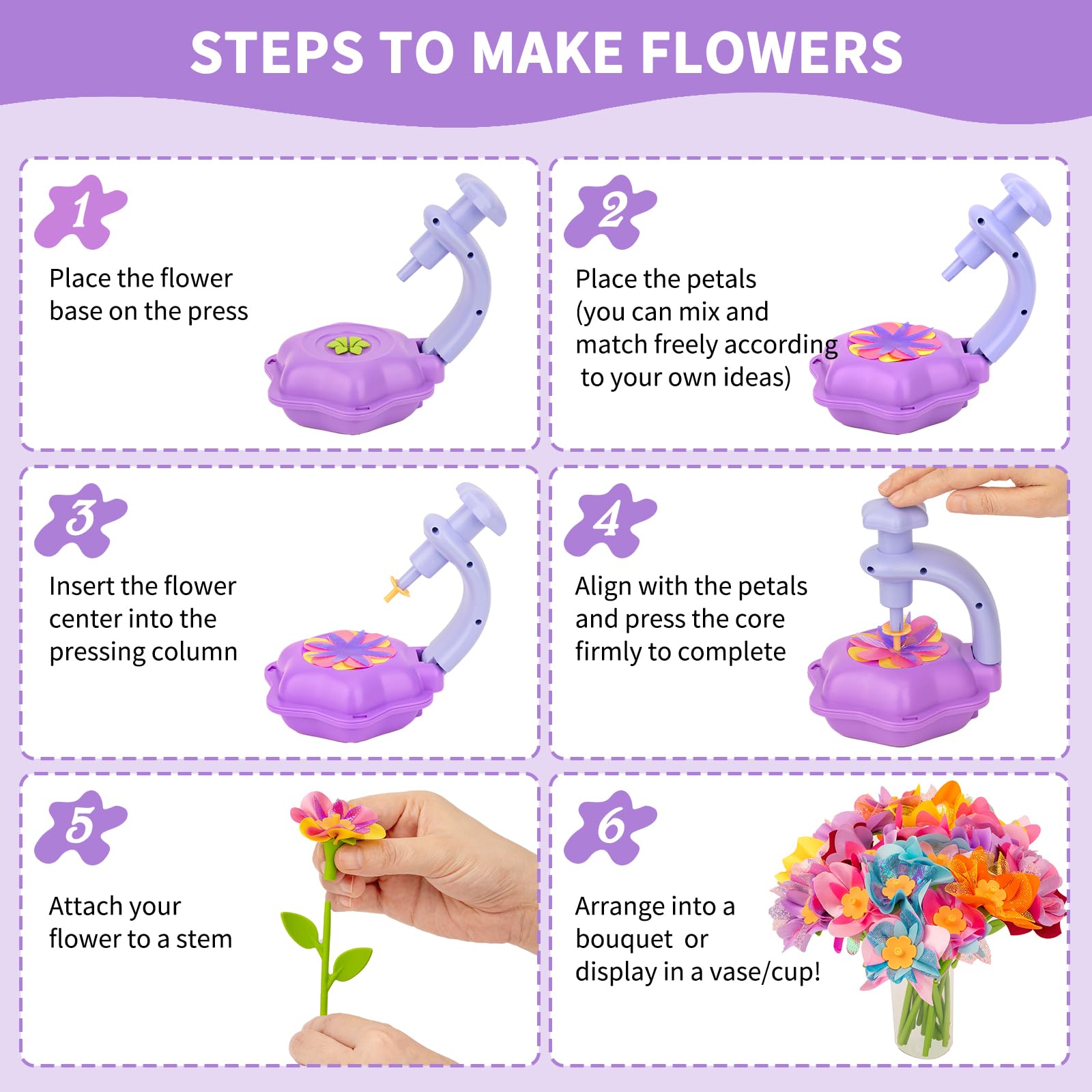 SOYUB DIY Fabric Flower Bouquet Craft Kit - Kids Arts and Crafts for Ages 4-8, Purple
