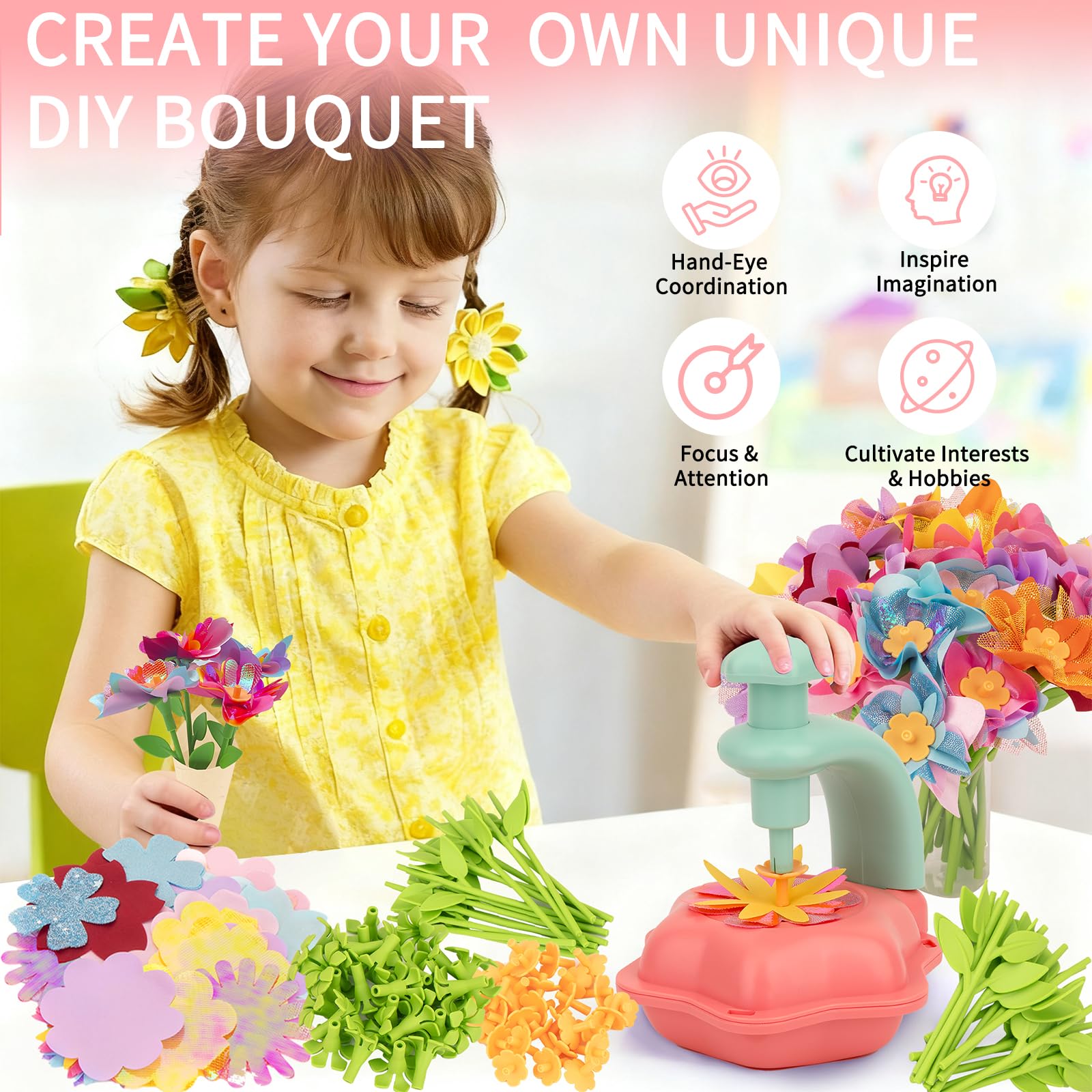 SOYUB Pink Flower Bouquet Craft Kit for Kids Ages 3-12 – Reusable DIY Arts & Crafts Set with 100+ Pieces