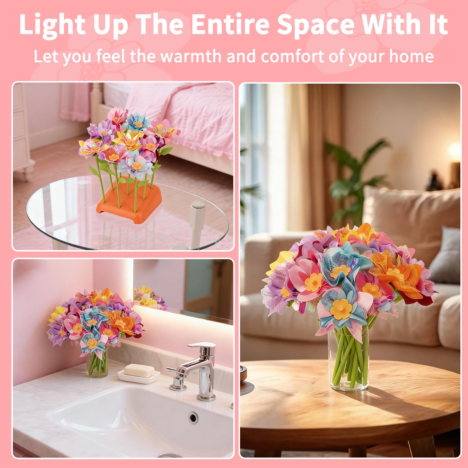 SOYUB Pink Flower Bouquet Craft Kit for Kids Ages 3-12 – Reusable DIY Arts & Crafts Set with 100+ Pieces