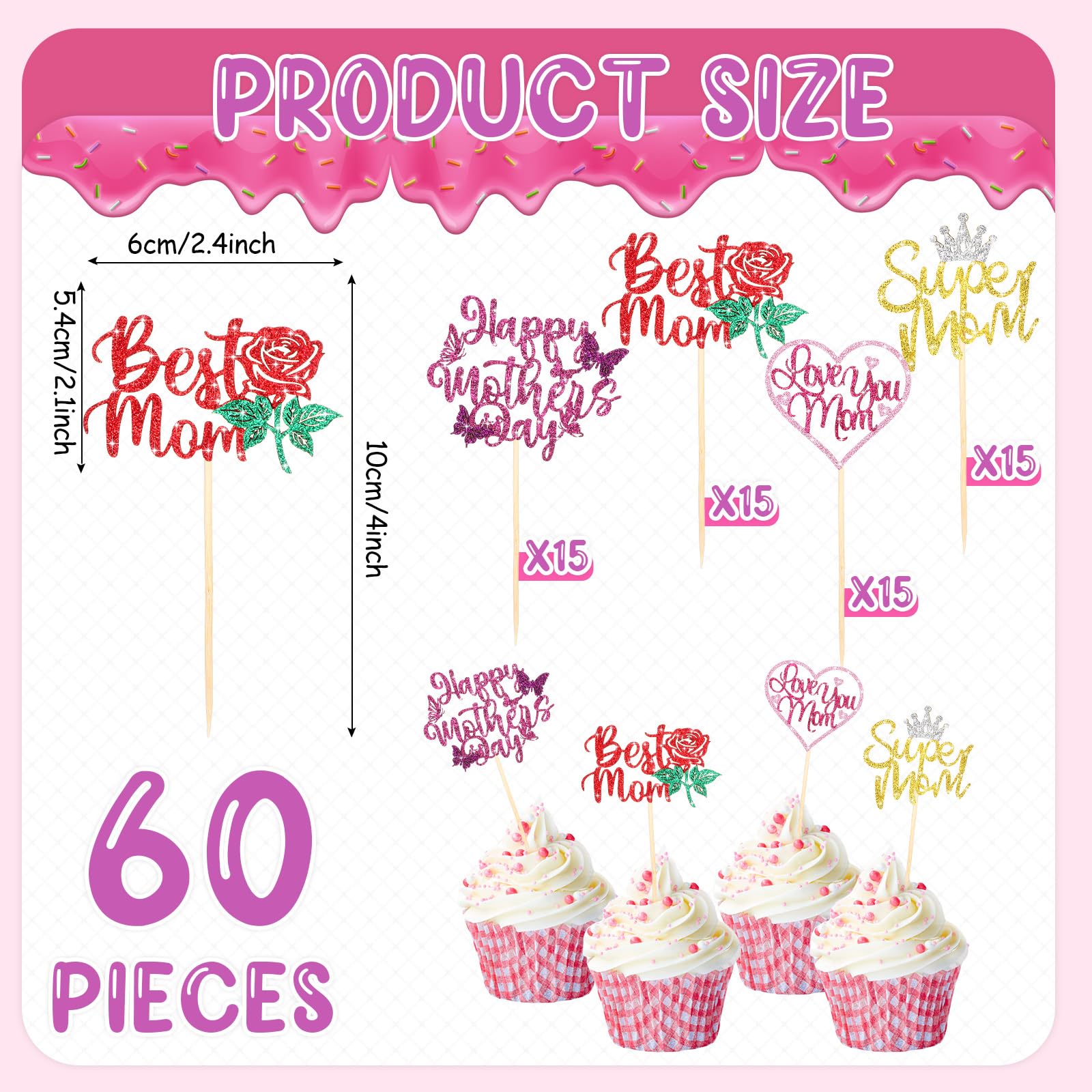 Spakon 60-Pack Glitter Mother's Day Cupcake Toppers – Happy Mother's Day, Best Mom, Love You Mom, Super Mom Designs