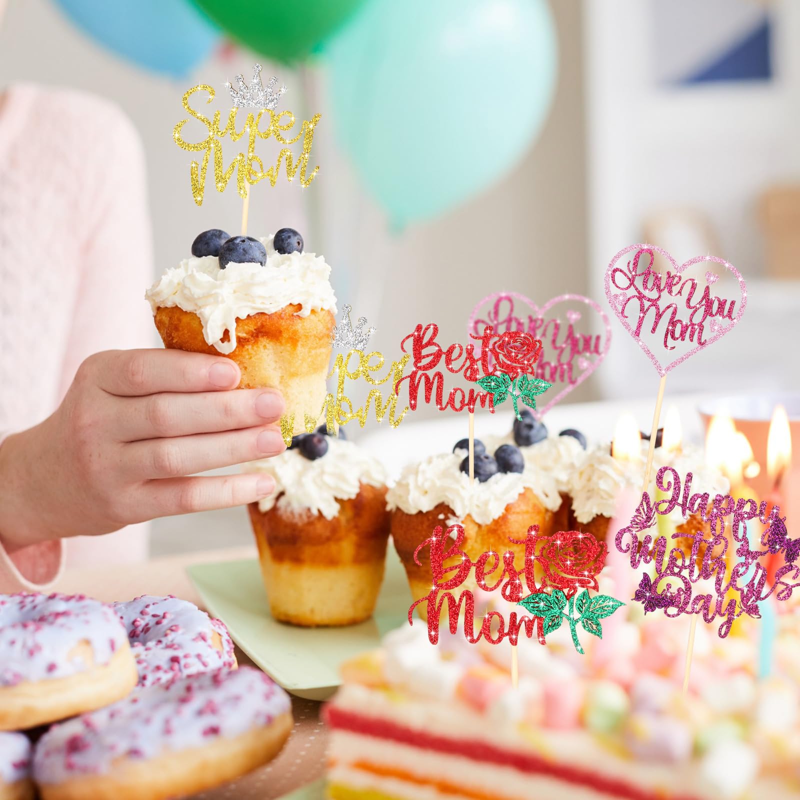 Spakon 60-Pack Glitter Mother's Day Cupcake Toppers – Happy Mother's Day, Best Mom, Love You Mom, Super Mom Designs