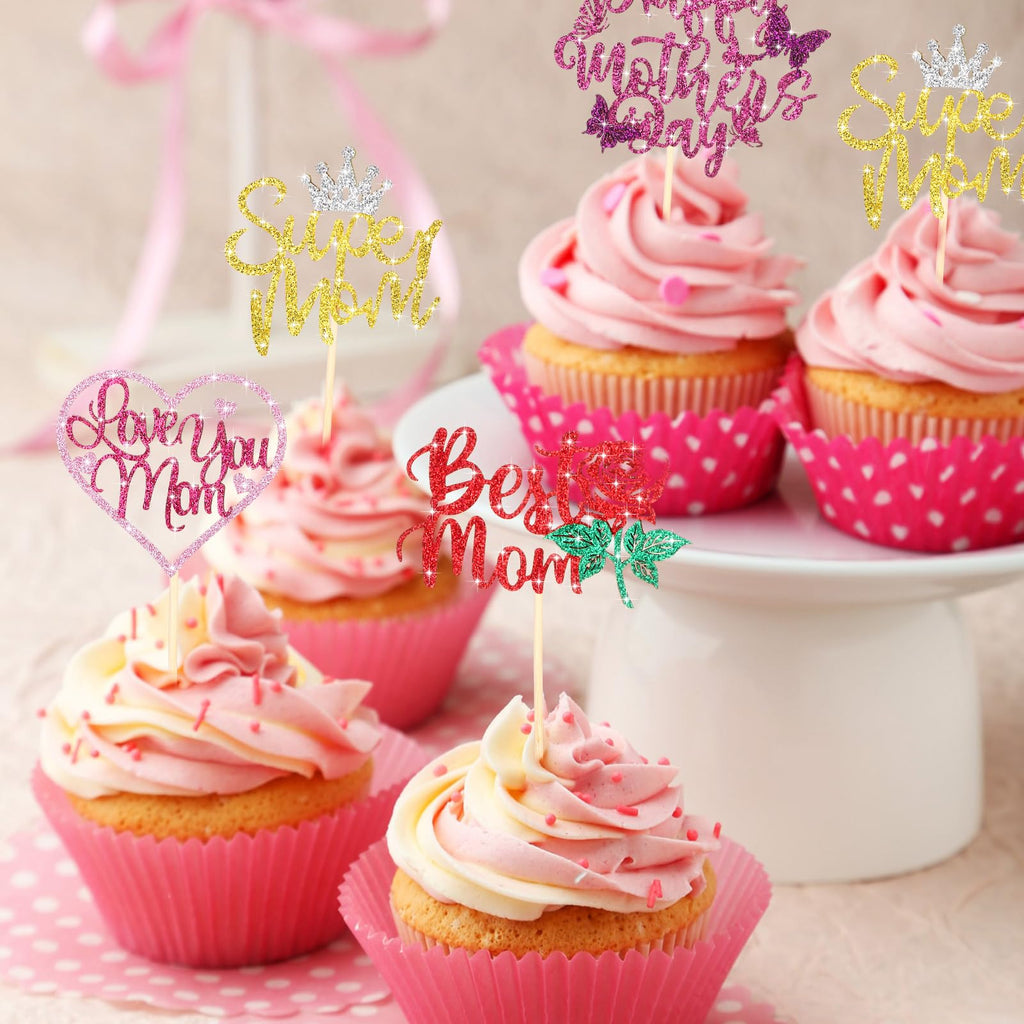 Spakon 60-Pack Glitter Mother's Day Cupcake Toppers – Happy Mother's Day, Best Mom, Love You Mom, Super Mom Designs