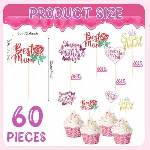 Spakon 60-Pack Glitter Mother's Day Cupcake Toppers – Happy Mother's Day, Best Mom, Love You Mom, Super Mom Designs
