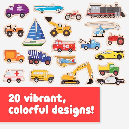 SPARK & WOW Transport Wooden Magnets – 20 Vehicle Magnets for Kids Ages 2+