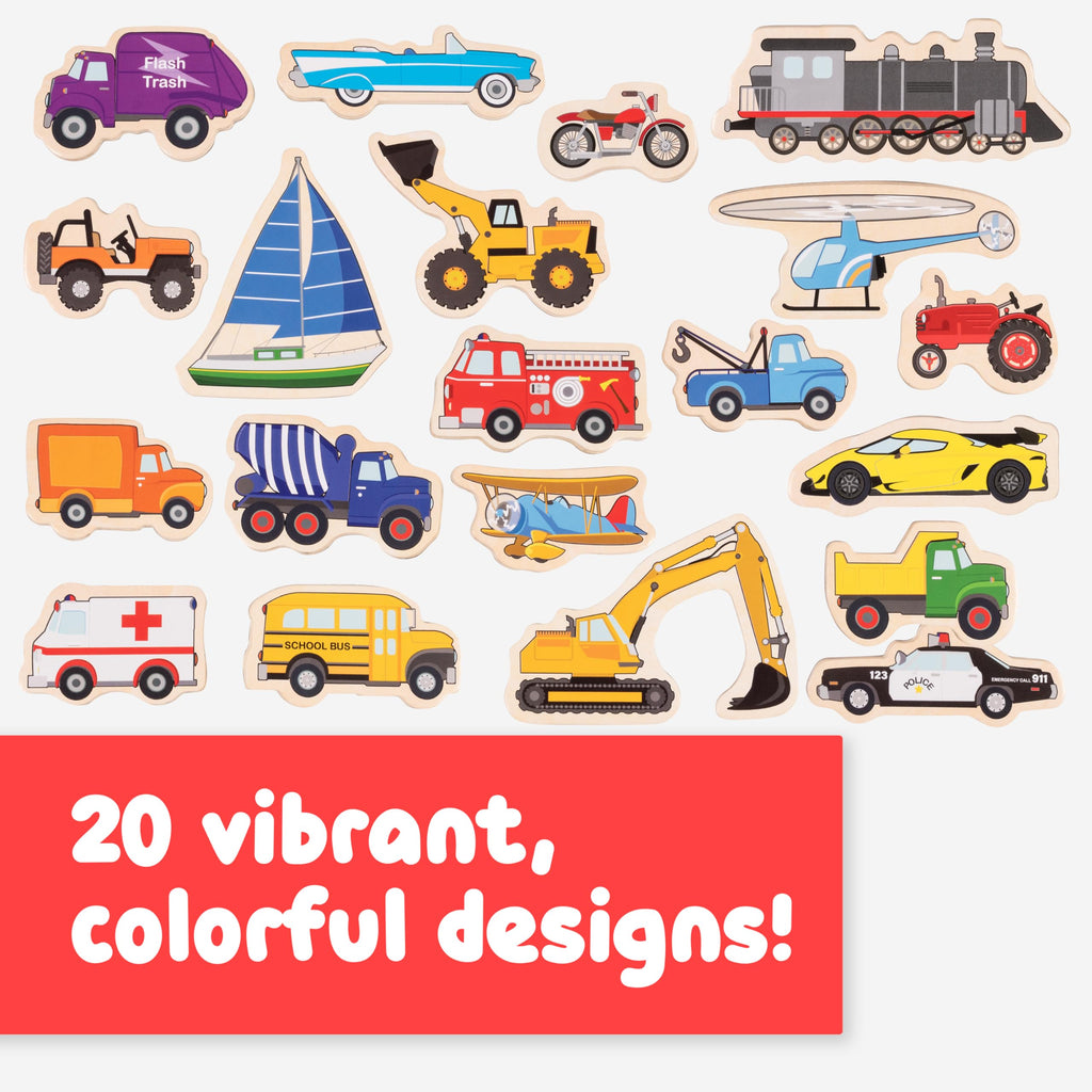 SPARK & WOW Transport Wooden Magnets – 20 Vehicle Magnets for Kids Ages 2+