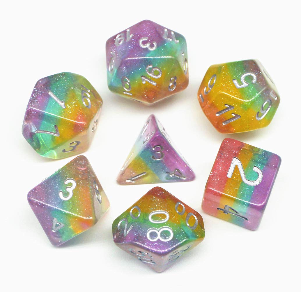 Sparkly Rainbow Glitter Dice Set – 7-Piece Polyhedral Dice for D&D, RPG, MTG, Pathfinder