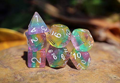Sparkly Rainbow Glitter Dice Set – 7-Piece Polyhedral Dice for D&D, RPG, MTG, Pathfinder