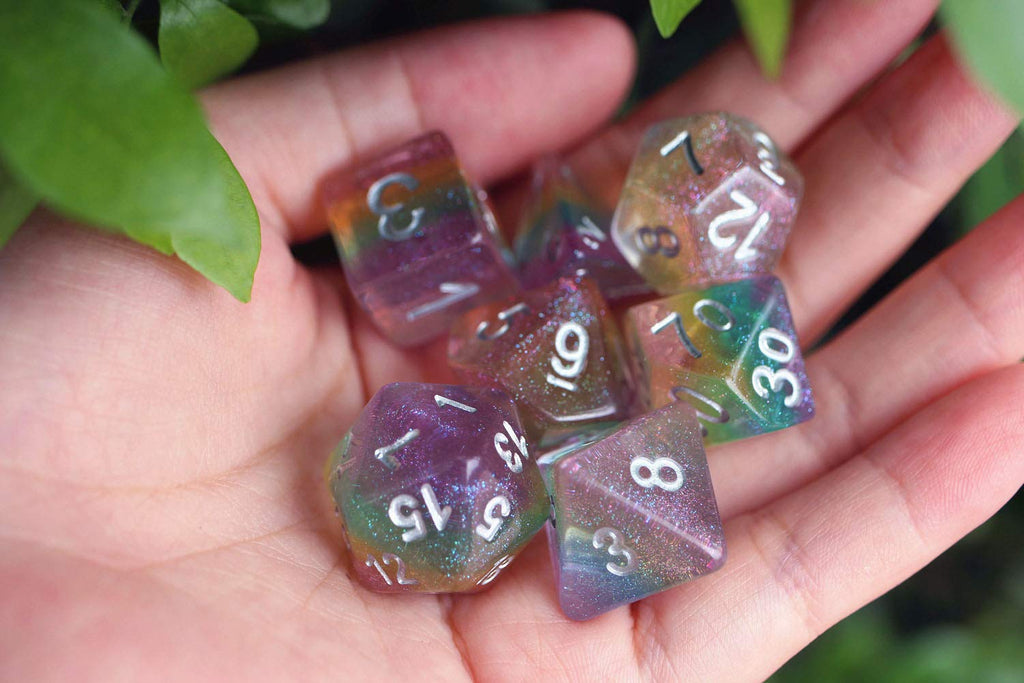 Sparkly Rainbow Glitter Dice Set – 7-Piece Polyhedral Dice for D&D, RPG, MTG, Pathfinder