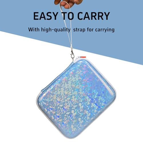 Sparkly Yoto Card Holder - 120-Pocket Portable Binder with Zipper and Strap (Blue)