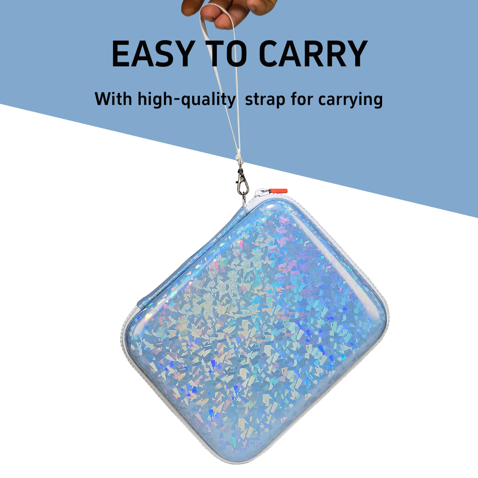 Sparkly Yoto Card Holder - 120-Pocket Portable Binder with Zipper and Strap (Blue)