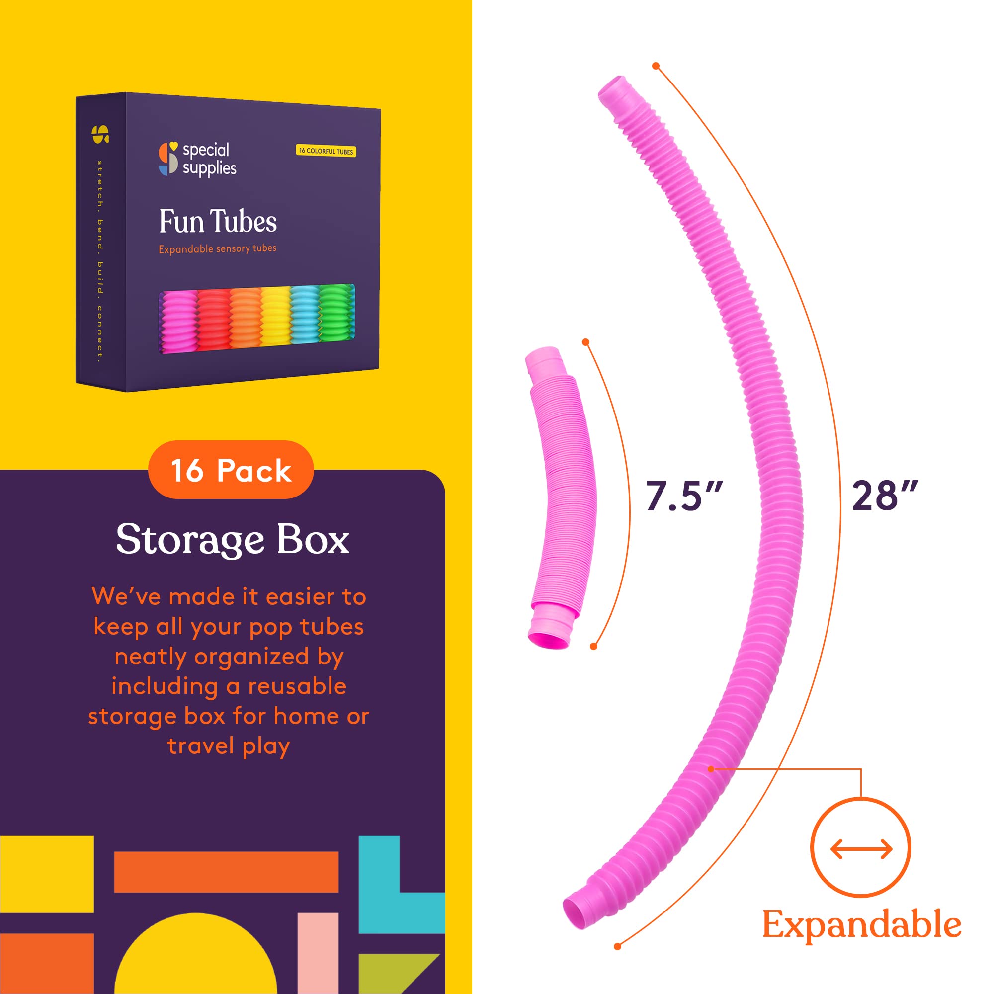 Special Supplies Pull and Stretch Tubes - 16 Pack of BPA-Free Sensory Toys for Kids