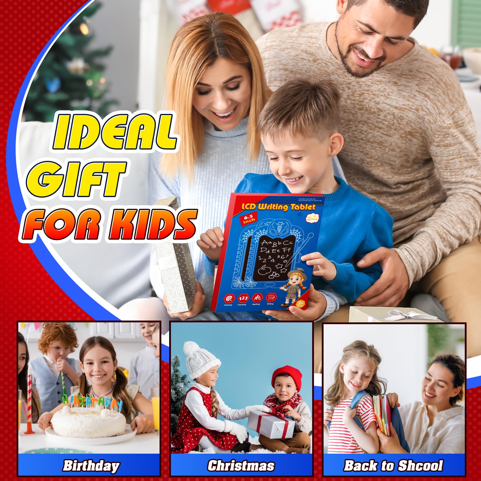 Spidolapse 8.5-Inch LCD Writing Tablet for Kids – Colorful Doodle Board with Erase Lock, Red