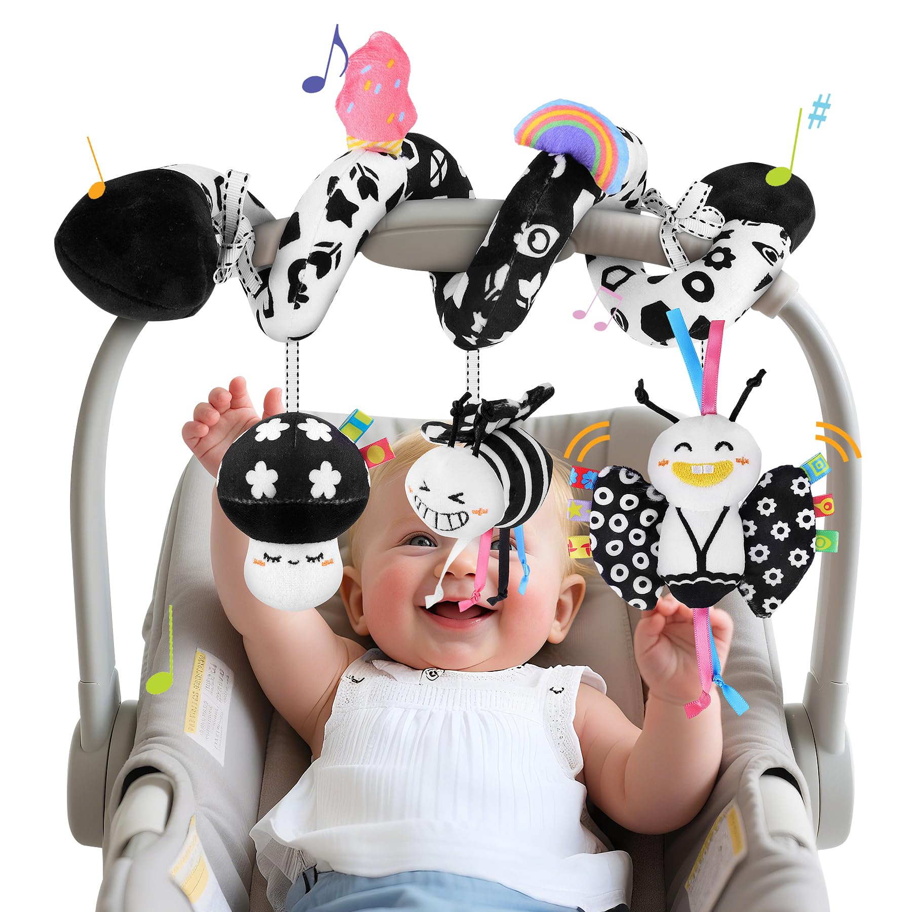 Spiral Car Seat Toy for Babies 0-6 Months – High Contrast Black and White Sensory Toy with Detachable Crinkle, Jingling, and Rattle Toys