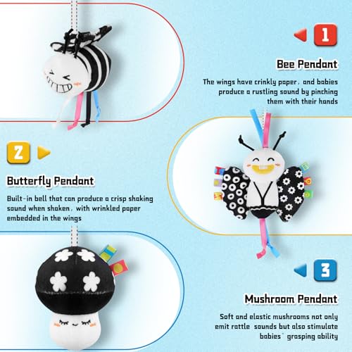 Spiral Car Seat Toy for Babies 0-6 Months – High Contrast Black and White Sensory Toy with Detachable Crinkle, Jingling, and Rattle Toys