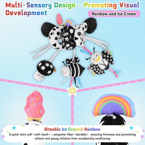 Spiral Car Seat Toy for Babies 0-6 Months – High Contrast Black and White Sensory Toy with Detachable Crinkle, Jingling, and Rattle Toys