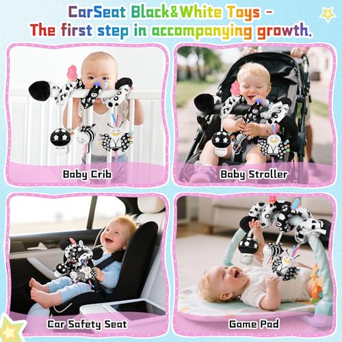Spiral Car Seat Toy for Babies 0-6 Months – High Contrast Black and White Sensory Toy with Detachable Crinkle, Jingling, and Rattle Toys