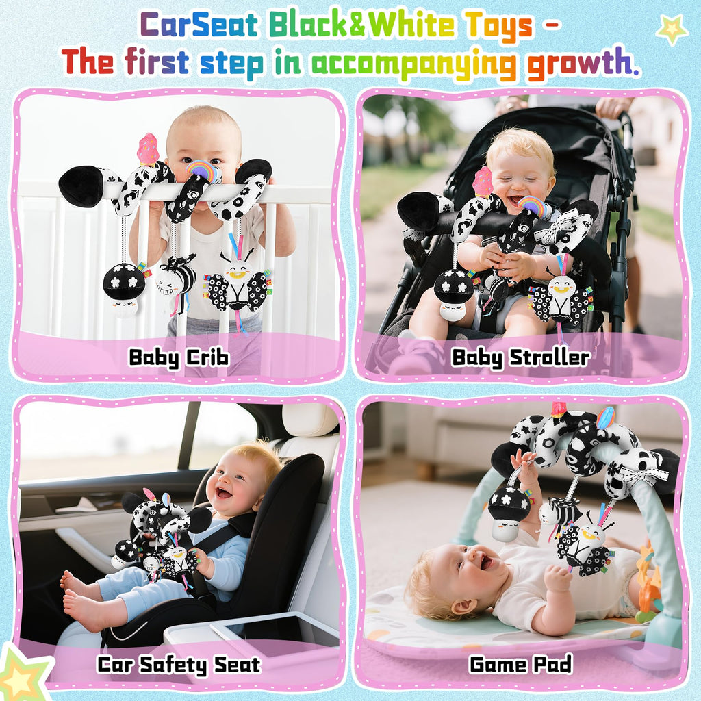 Spiral Car Seat Toy for Babies 0-6 Months – High Contrast Black and White Sensory Toy with Detachable Crinkle, Jingling, and Rattle Toys