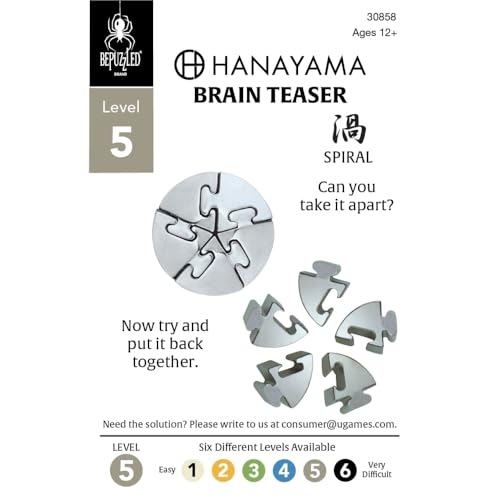 Spiral Hanayama Metal Brainteaser Puzzle – Mensa-Rated Level 5, 5-Piece Cast Metal Disentanglement Puzzle for Ages 12+